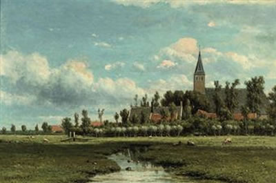 Dutch polder landscape with a village beyond