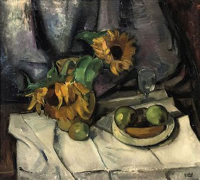 A still life with sun flowers and apples on a table