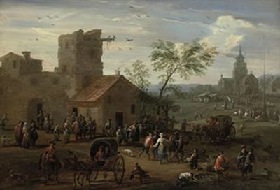 A village 'kermesse' with figures making merry, archers playing a game beyond