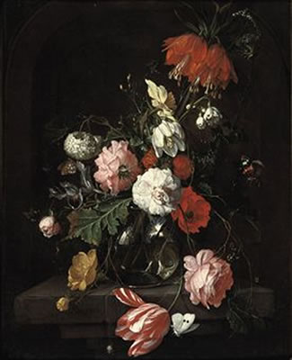 A tulip, pink roses, a crown imperial lily and other flowers in a glass vase, all on a stone ledge, surrounded by butterflies