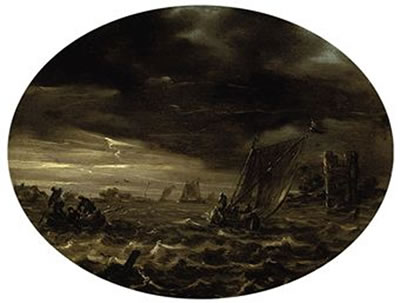 A moonlit river landscape with fishermen in choppy waters