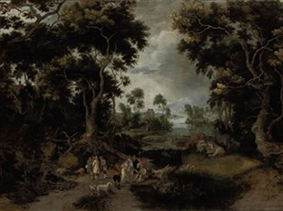 A wooded river landscape with figures conversing on a path, a village beyond