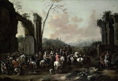 An Italianate landscape with travellers gathering by a fountain amongst classical ruins