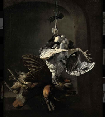 A pigeon hanging from a blue ribbon with other birds in a trompe-l'oeil stone niche