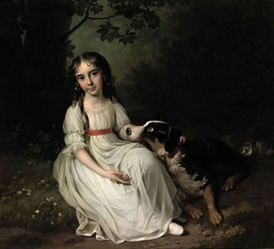 Portrait of Frederikke Maria Sophia Brockdorff, seated full-length, in a white dress, in a park landscape with her dog beside her