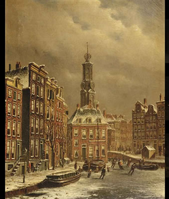 Skaters on a frozen canal near the Munttoren, Amsterdam