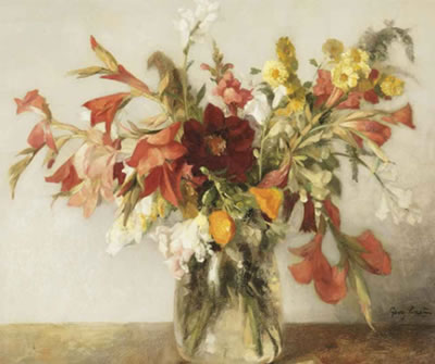 A colourful bouquet in a glass vase