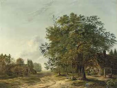 A wooded landscape with children playing near a cottage