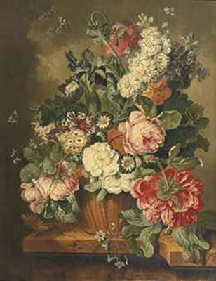 A lily, roses, violets and other flowers in an earthenware vase on a marble ledge with butterflies and a snail