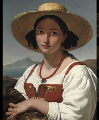 Portrait of a Neapolitan girl, with the Vesuvius in the distance