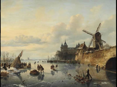 A winter landscape with skaters near a Dutch town