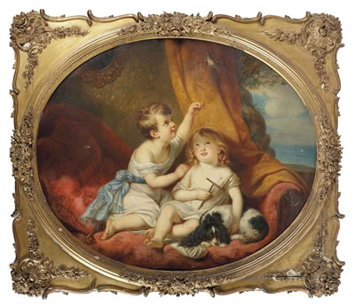 Sibblings with their pets, in a painted oval