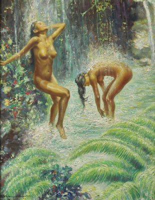 Two women bathing by the waterfall