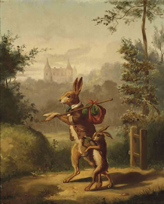 Two hares with a knapsack, a castle beyond