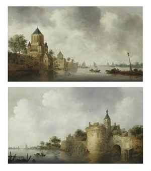 Fishermen in rowing boats near the Kleine Houtpoort, Haarlem; and A river landscape with a romanesque church and a walled town (2)