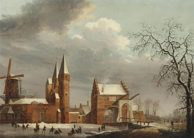A winter landscape with figures skating on ice in front of the Oostpoort, Delft