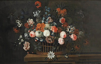 A wicker basket with roses, tulips, hyacinths and other flowers, on a wooden ledge