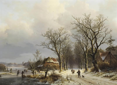 A wooded winter landscape with travellers on a snow covered path and skaters on the ice