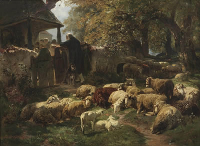 A shepherd with his sheep and lambs leaning over a fence watching villagers attending mass