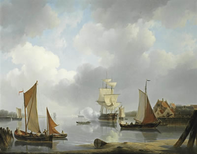 A frigate firing a salute in the harbor entrance