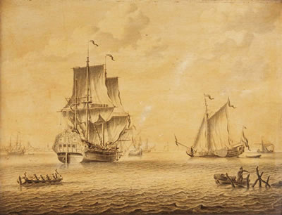 A three-master, a 'Statenjacht' and other ships on a calm, a dutch town in the distance