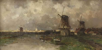 Opkomend onweder: windmills along a river
