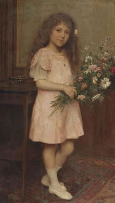Portrait of a young girl in a white dress holding a bouquet of flowers