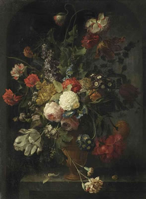 Violets, pink and white roses, carnations, tulips, blue morning glory, a peony, a hyacinth and various other flowers in a vase, on a stone ledge with a pupa and a snail