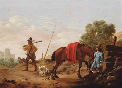 A landscape with huntsmen, a horse and dogs near a fence