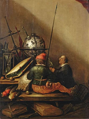 A vanitas still life with two men on a wooden bench