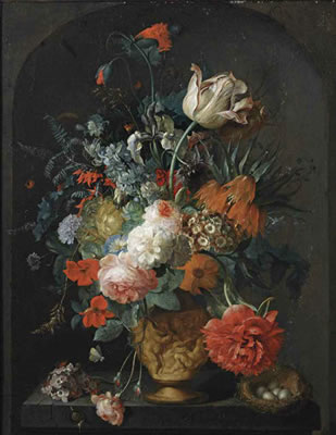 Roses, tulips, anemones, irises, ranunculus, a larkspur, a hyacinth, auricula, a peony, a Crown Imperial lily and other flowers in a sculpted vase, with a snail and a bird's nest on a pedestal in a stone niche