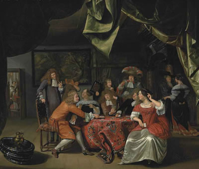 Elegantly dressed figures playing cards at a draped table in an interior