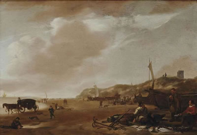 Figures on the beach of Egmond aan Zee, a lady selling fish
