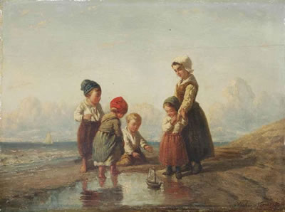 Children playing with a boat on the beach