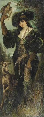 A lady with a falcon and a dog