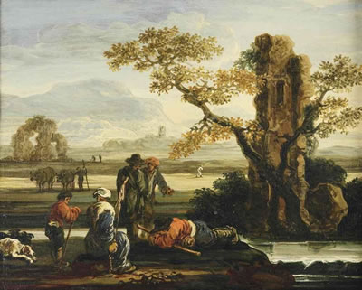 An Italianate landscape with herdsmen resting near a ruined tower