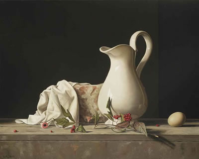 Still life with a white jug by Dennis Mogelgaard - Auction record, sale price, and art valuation. Compare with similar artists and explore comparable artworks.