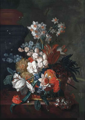 Tulips, peonies, roses and various other flowers in a wicker basket, with a snail on a marble ledge