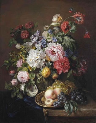 Roses, poppies, peonies, tulips and syringa with a caterpillar and a moth in a vase with classical reliefs, peaches and grapes on a copper ewer and grapes and a seashell on a partially draped marble ledge by Adriana Johanna Haanen - Auction record, sale price, and art valuation. Compare with similar artists and explore comparable artworks.