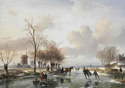 Skaters on a frozen waterway on a sunny wintersday, a cottage and windmills on the riverbank