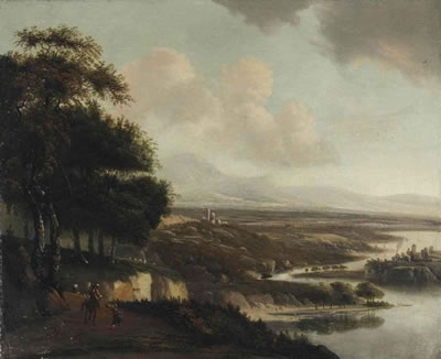 An extensive Italianate river landscape with horsemen on a path