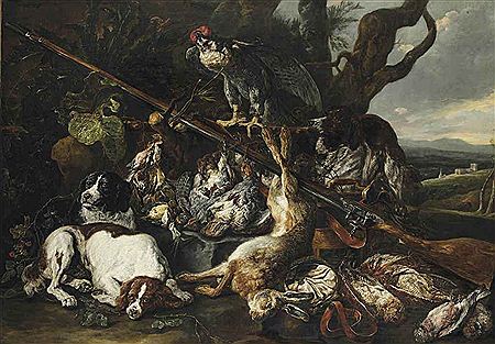 A hunting still life of a hare, partridges, snipes and other birds, together with three spaniels, a hooded falcon, a rifle and a game-bag and belt in a hilly landscape by Jan Fyt - Auction record, sale price, and art valuation. Compare with similar artists and explore comparable artworks.