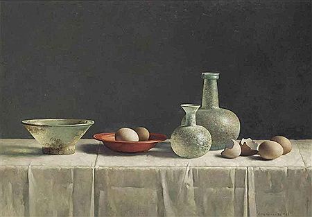 A still life with eggs and Roman glass