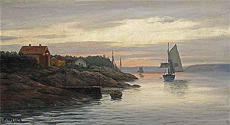 Setting sail from the fjords at sunset