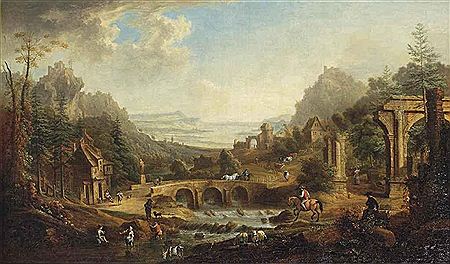 An extenssive mountaineous river landscape with horsemen, shepherds and other figures amidst classical ruins near a village