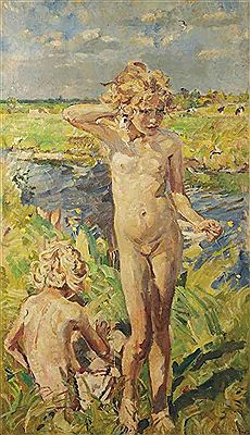 Girls playing near the river Aa