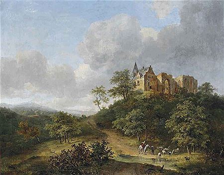 Shepherds watering their cattle near the ruins of the St. Vitus convent on the Elterberg