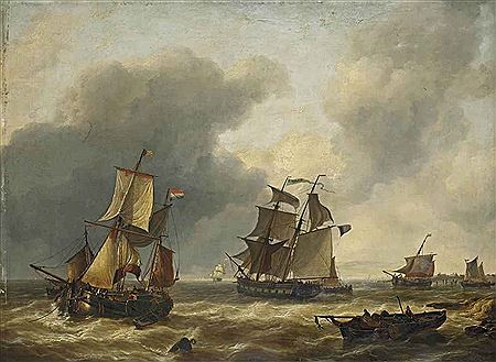 The ship 'L'eclair' together with Dutch sailing vessels at sea, a town in the distance