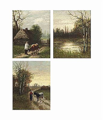 A peasant with a cow near a wooden shed; and A wooded landscape at sunset with a peasant woman and a cow; a wooded landscape with a pond (3) by William Frederick Hulk - Auction record, sale price, and art valuation. Compare with similar artists and explore comparable artworks.