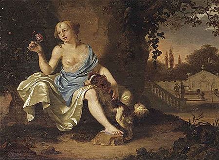 A classical park landscape with a seated lady dressed as a nymph and her dog